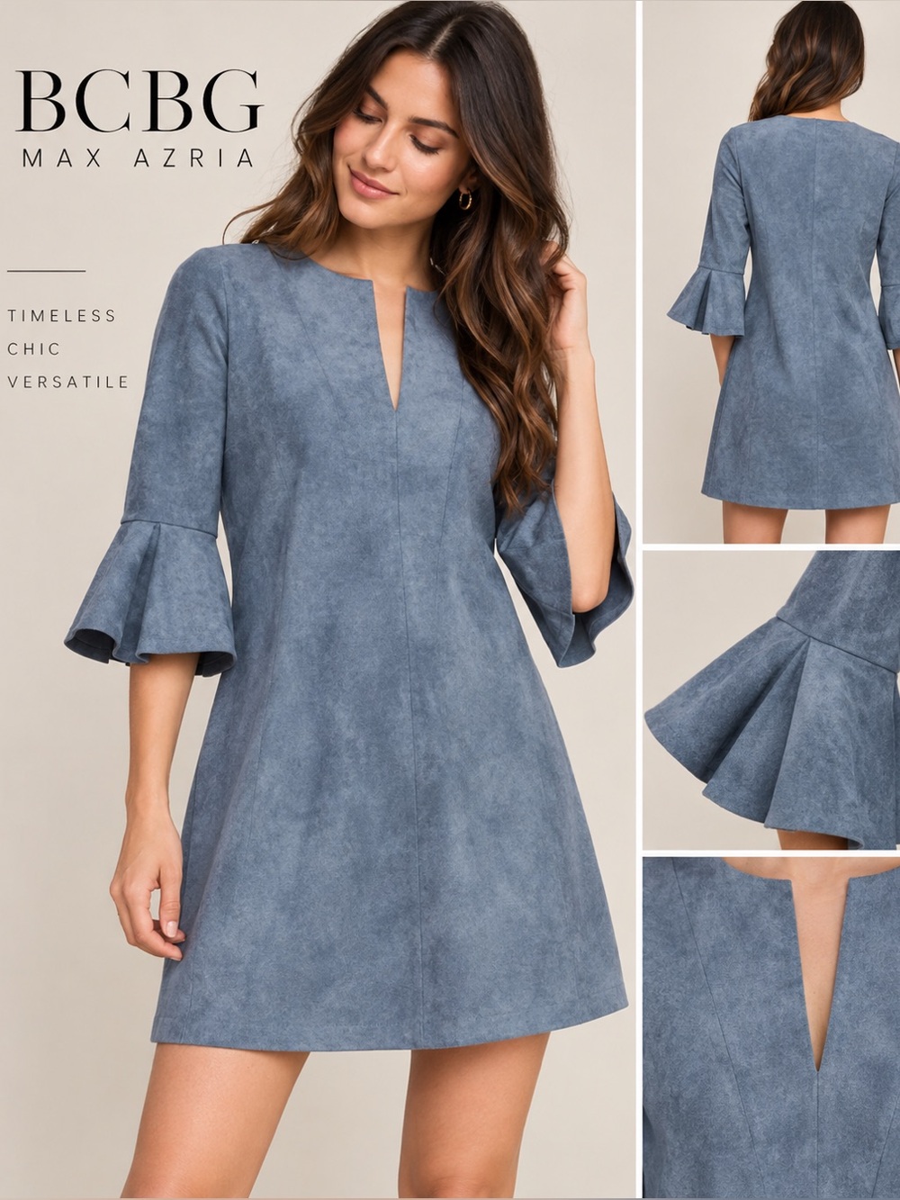 BCBGMaxAzria Slate Blue Suede-Effect A-Line Dress with Fluted Sleeves